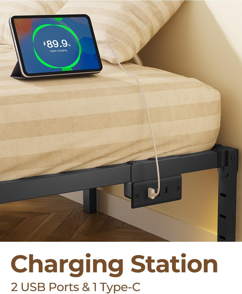 Bed Frame with USB Charging Station, Twin Bed Frame with LED Lights, Platform Be