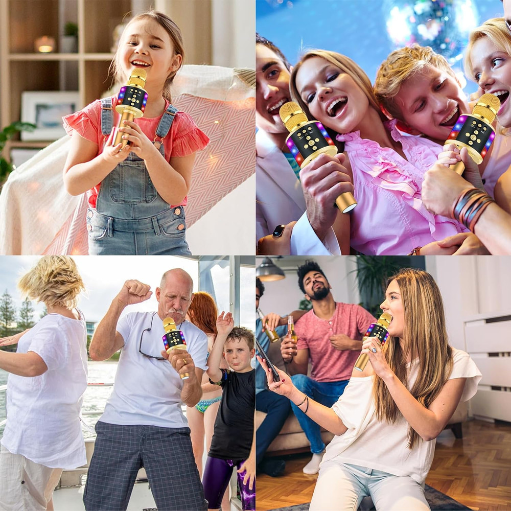 Bluetooth Karaoke Microphone with Disco Lights and Echo Effect - Gold Q78