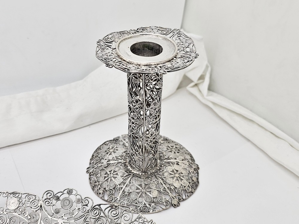 ANTIQUE CHINESE EXPORT SPUN STERLING SILVER CANDY DISH & CANDLESTICKS SET