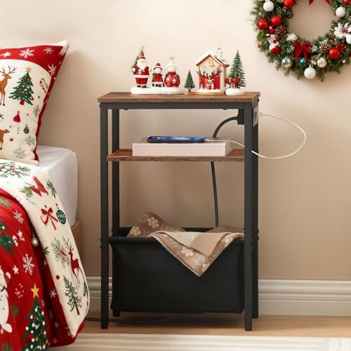 Small Narrow Side Table, Skinny End Table with Charging Station, Extra Slim