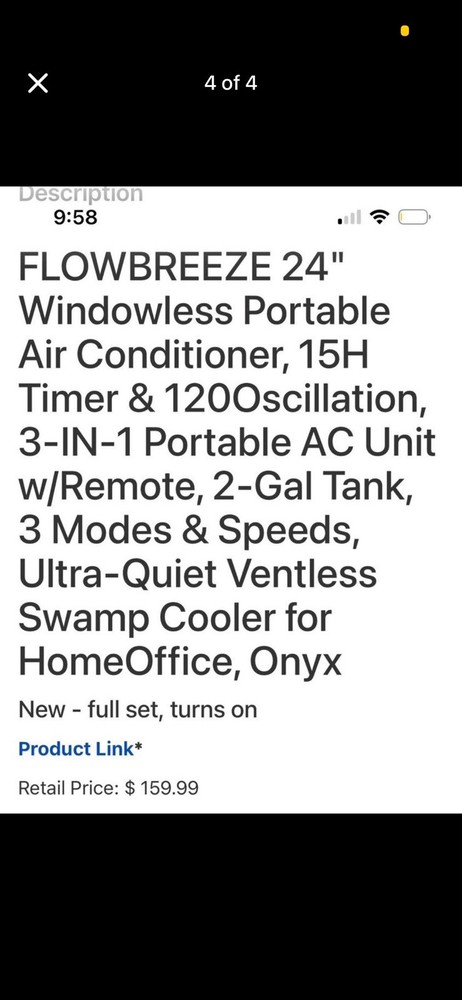 FLOWBREEZE 24" Windowless Portable Air Conditioner, Timer, Remote, Onyx