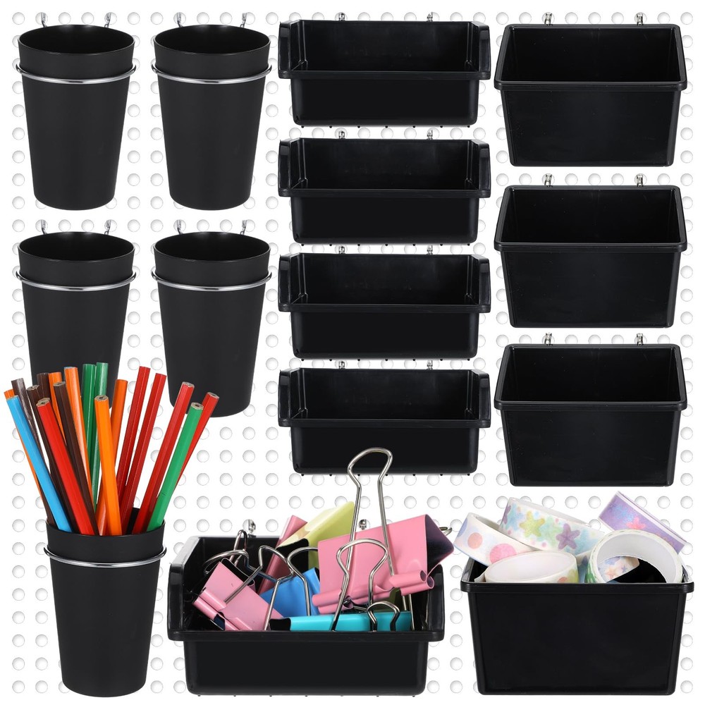20 PCS Pegboard Cups Bins Set Wall Organizer Hooks Loops Clear Black