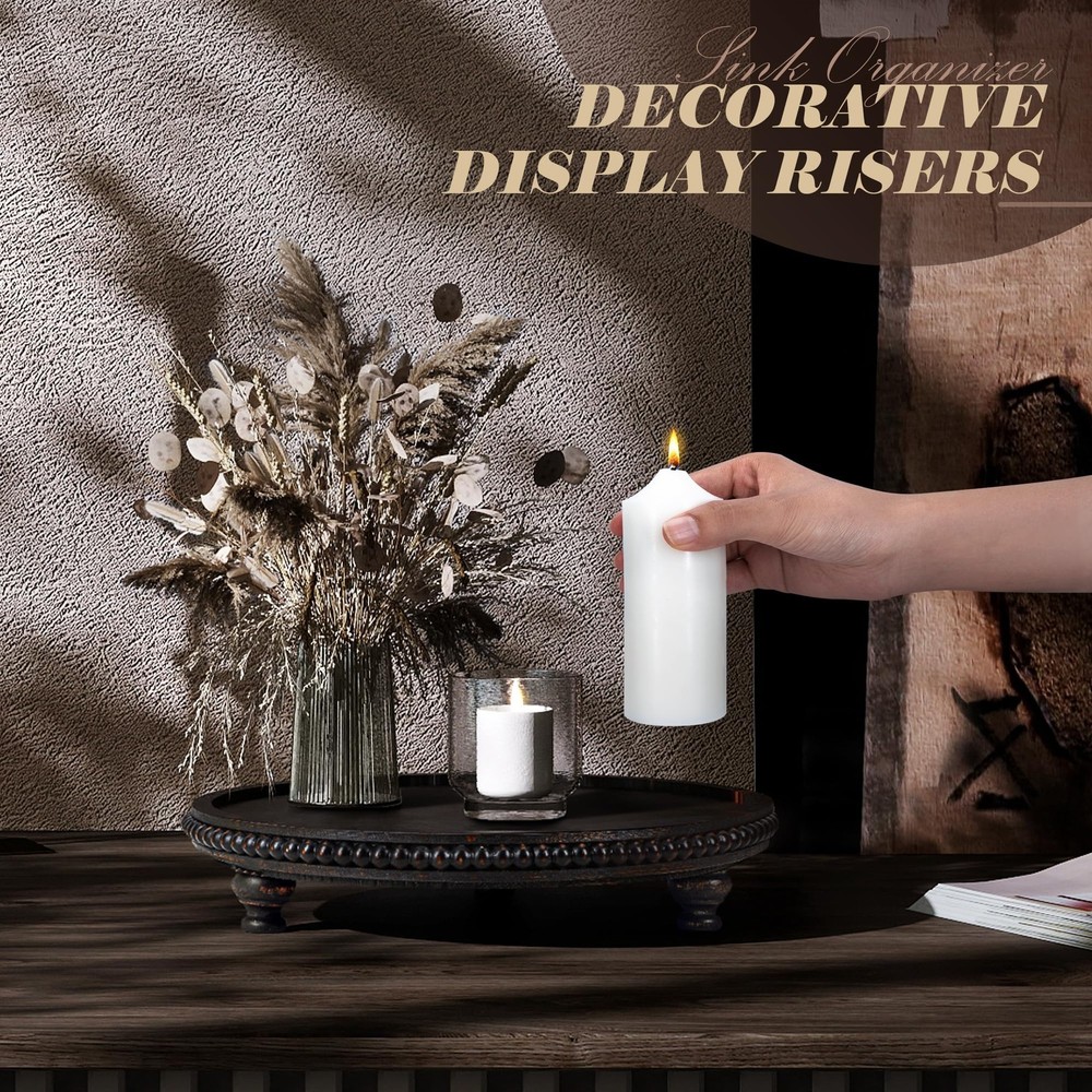 Rustic Round Pine Wooden Display Riser – Beaded Pedestal Stand for Decor, Kit...