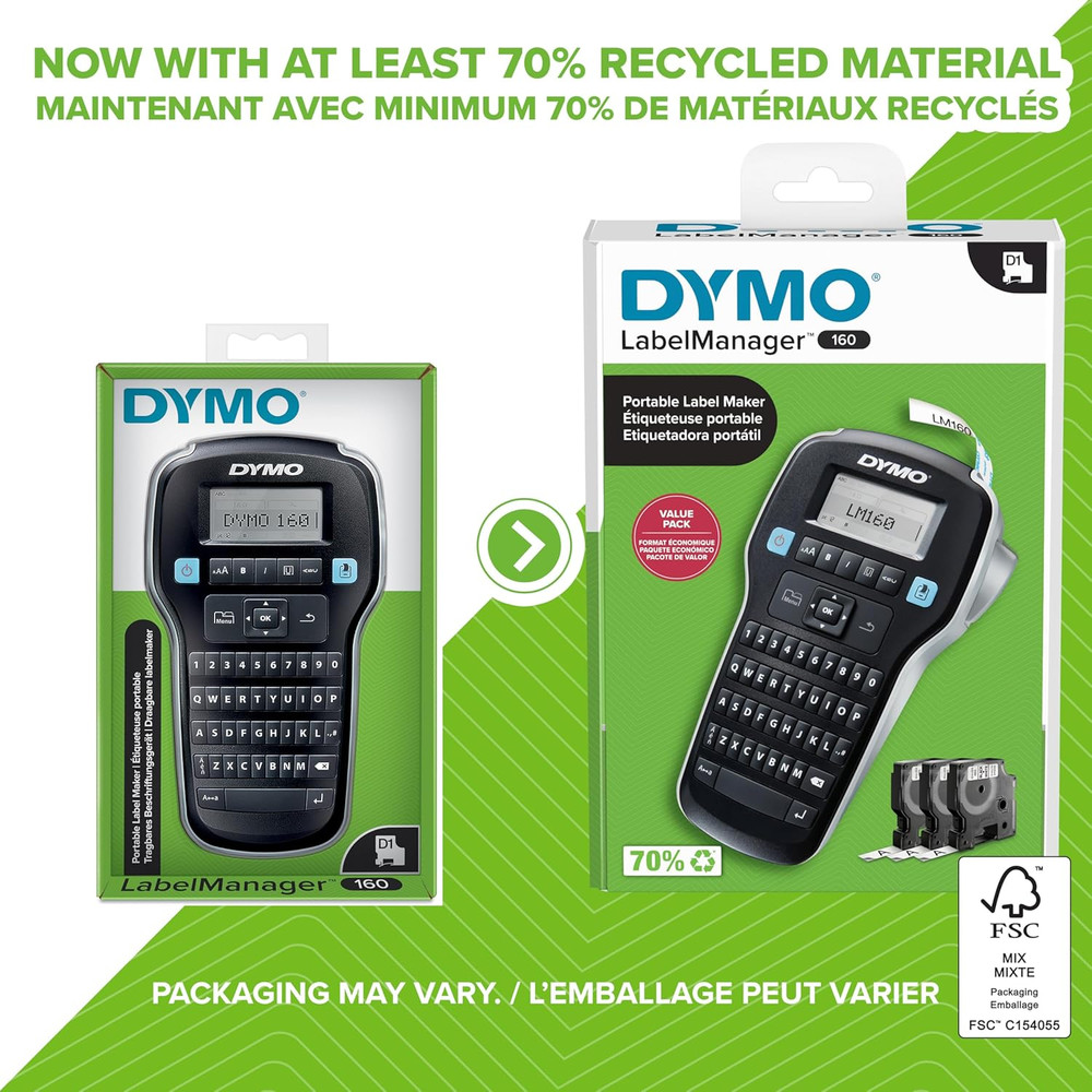 DYMO Labelmanager 160 Portable Label Maker Bundle Includes 3 D1 Label Cassettes