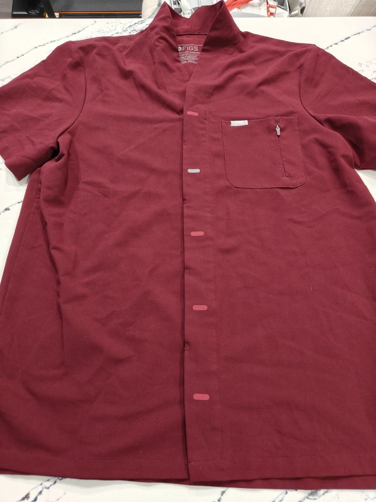 FIGS Technical Collection Red Burgundy Scrub Top Short Sleeve Button Up Medium