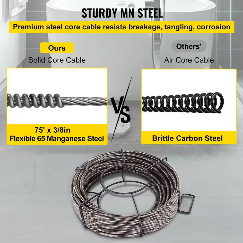 Drain Cleaning Cable 75 Ft. X 3/8 In. Solid Core Cable Sewer Cable Drain Auger C