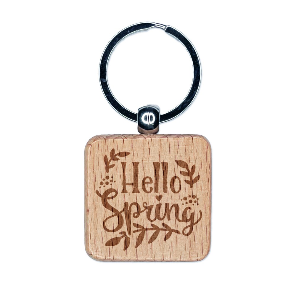 Hello Spring Floral Engraved Wood Square Keychain Tag Charm