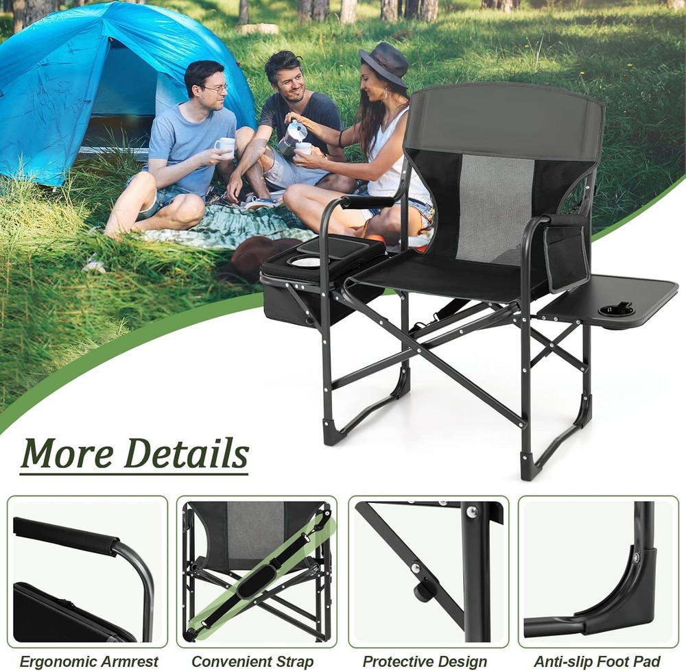 Camping Chair W/ Side Table Storage Pocket Cooler Bag Shoulder Strap Handle