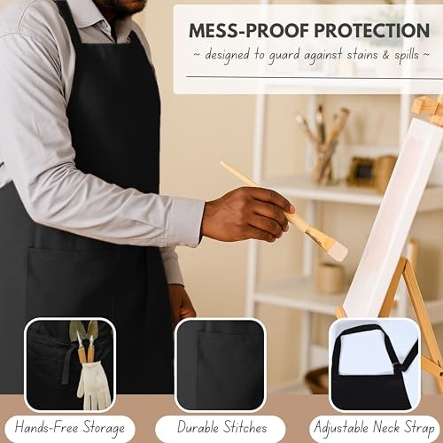 Kitchen Apron 2 Pack - 100% Cotton Adjustable, Durable Apron with Black