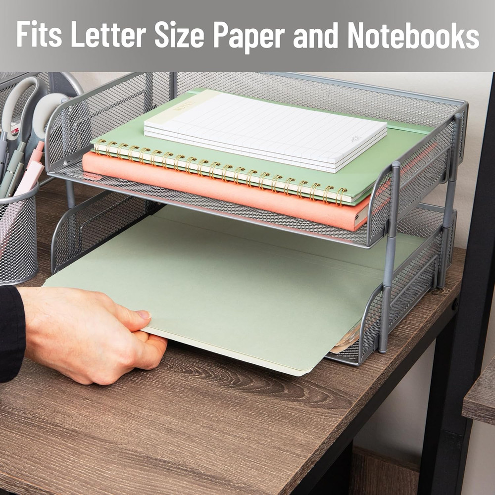 Stackable Paper Tray, Desktop Organizer, File Storage, Office, Metal Mesh, 13.5"