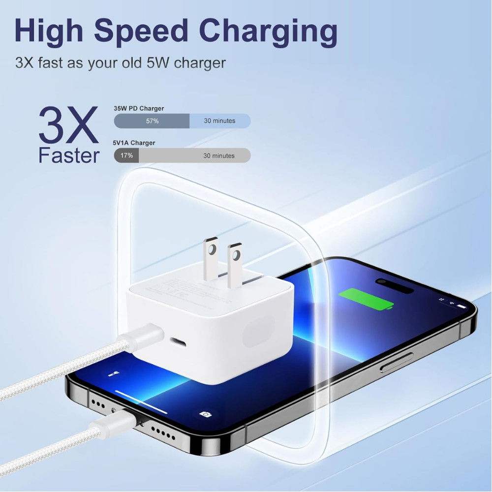 35W Fast Wall Charger Brick USB C Type C Cable For Android iPhone 15 Pro Macbook