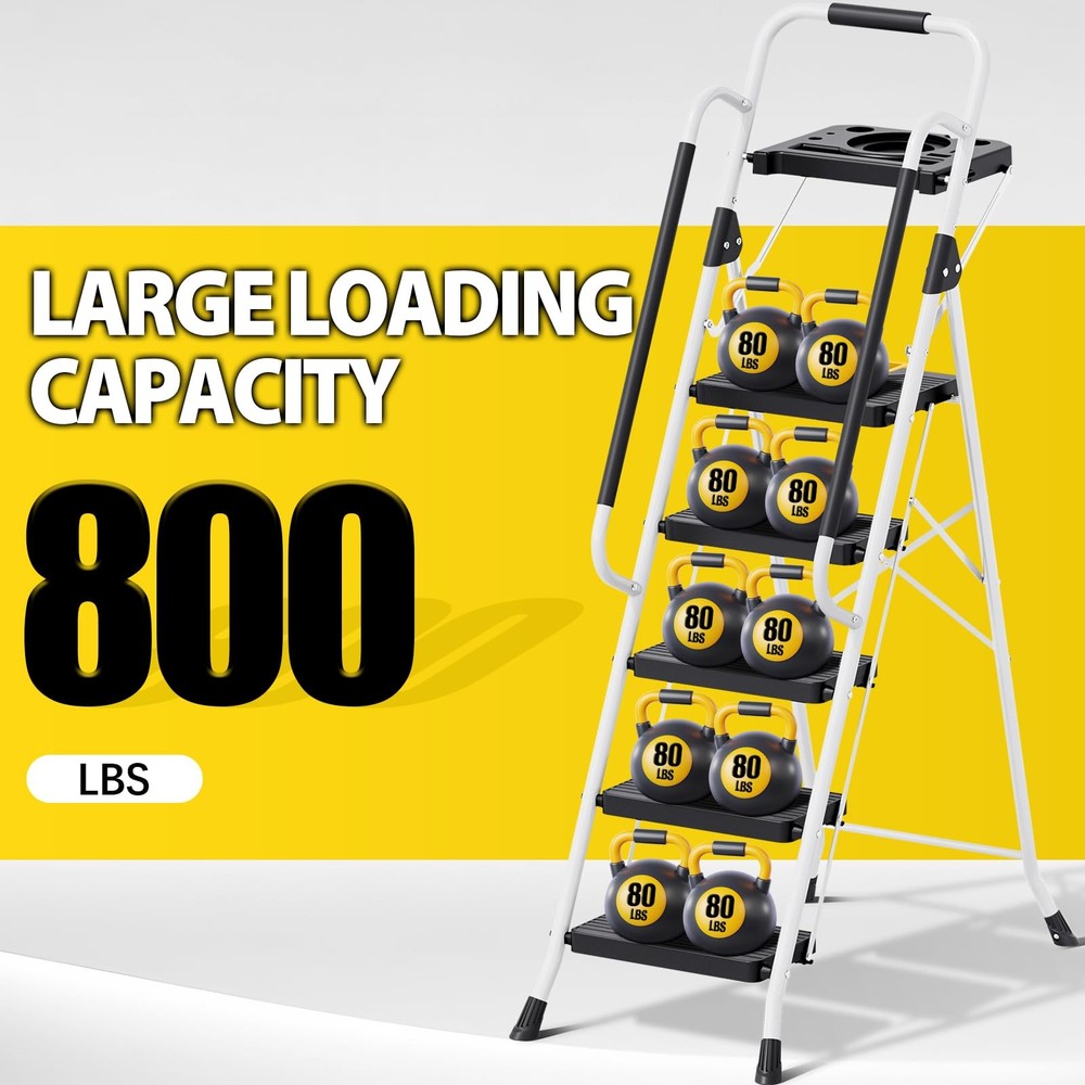 KINGRACK Folding 5-Step Ladder, 800 lbs Capacity Step Stool 5-STEP, White