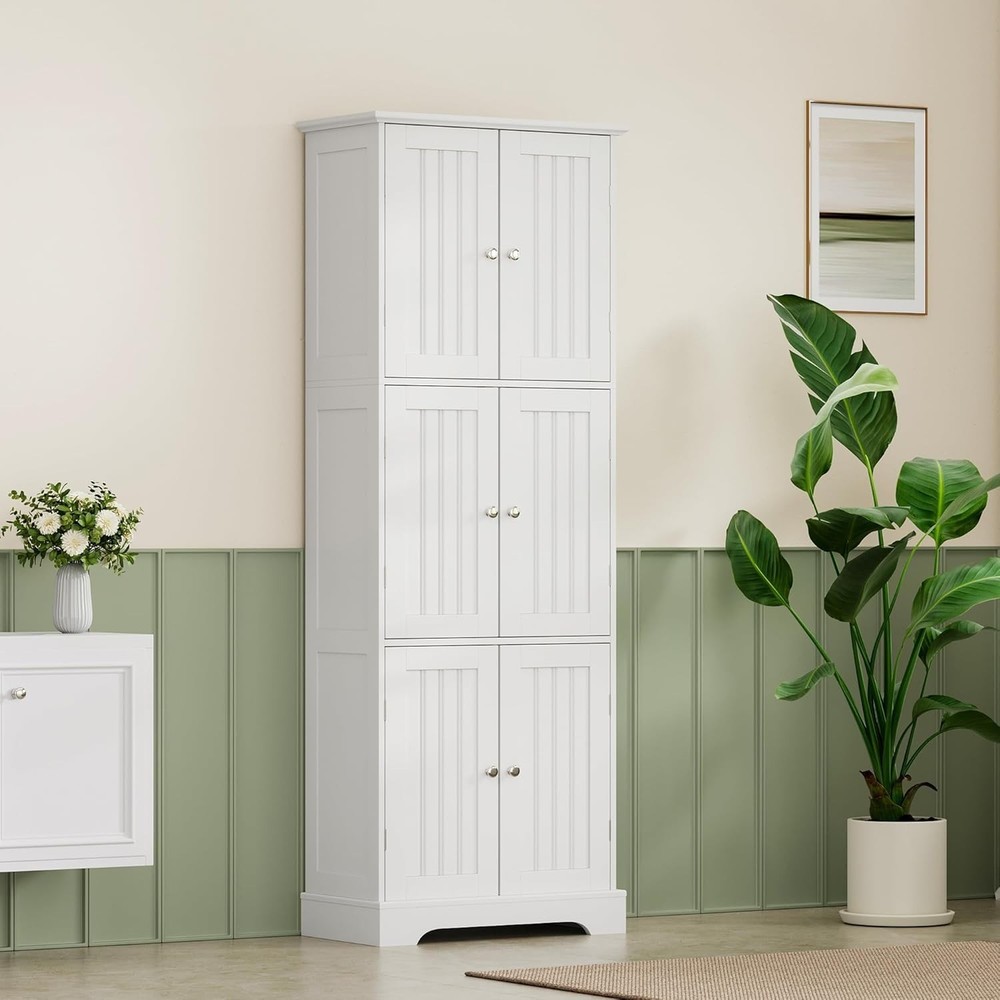 White Freestanding Bathroom & Kitchen Storage Cabinet - 6 Doors & Safety
