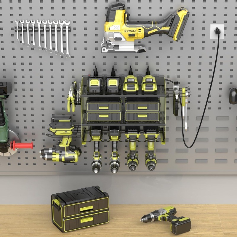 Wall Mount Drill Storage Rack with Charging Station Power Tool Organizer Drill