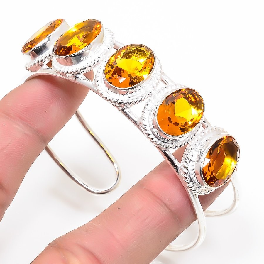 Yellow Citrine Gemstone Handmade 925 Sterling Silver Adjustable Cuff Bracelet