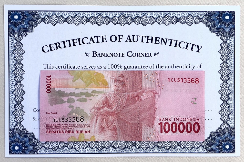 AUTHENTIC INDONESIA 100000 RUPIAH IDR 2016 SECURITY COA CERTIFICATE UV PASSED