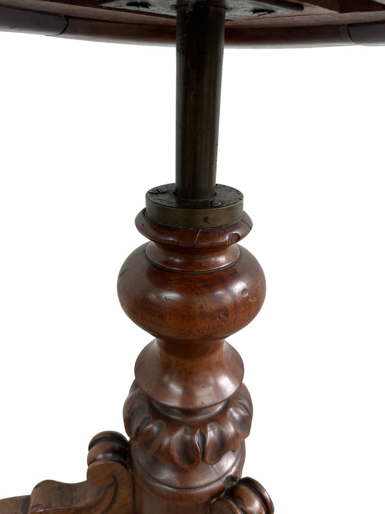Victorian Piano Stool Carved Column Triple Scroll Support & Leather Top - 1860's