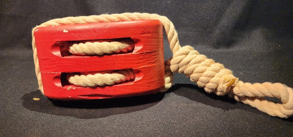 Decor Red Wood Pulley With Rope -Nautical -Barn- Rustic