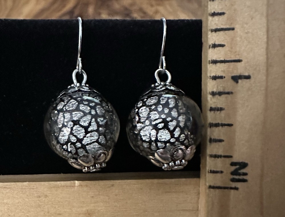 Silver & Black Crackle Round Glass Beaded Hook Dangle Earrings