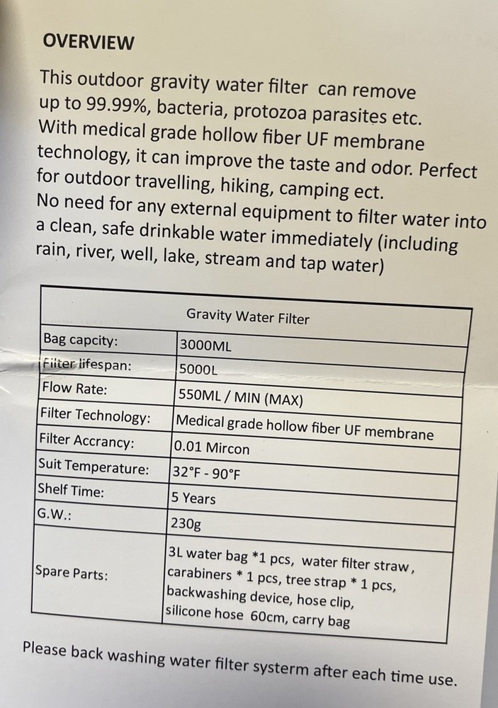 Gravity Water Filter 3L Gravity Bag Camping Water Filtration System Tree Strap