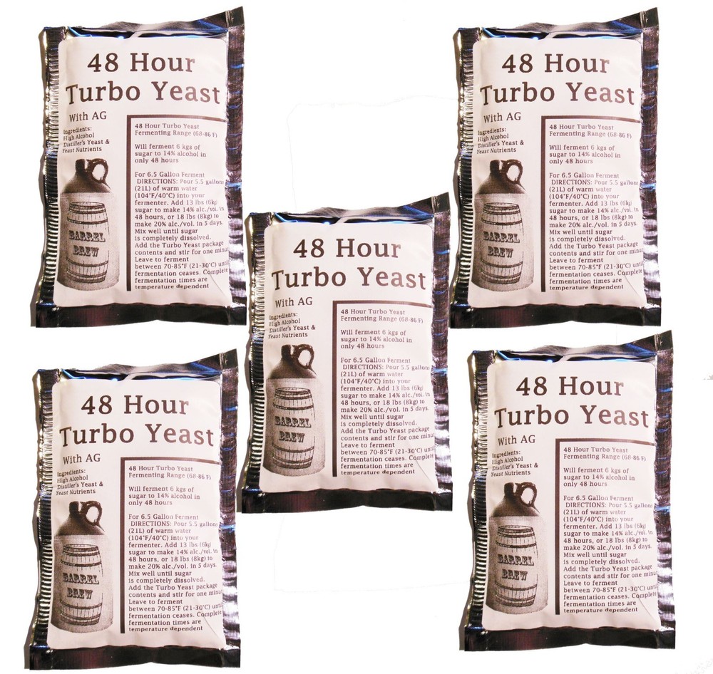 5 Packs 48 Hour Turbo Yeast w/ AG - Moonshine Alcohol Whiskey Rum Vodka 6.5 gal