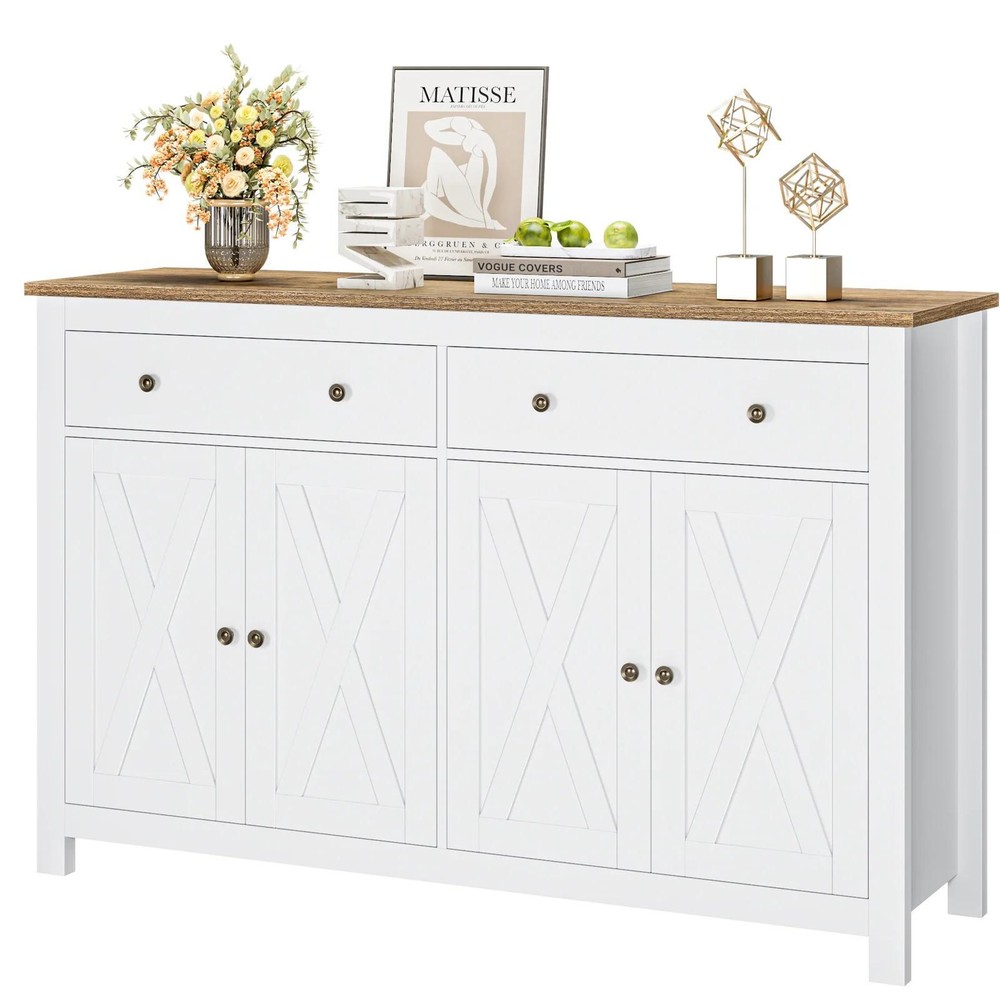 Farmhouse Storage Cabinet MDF Sideboard Buffet Console With 4 Doors 2 Drawers