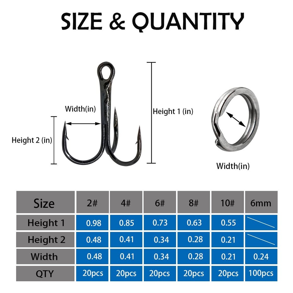 Saltwater Treble Hooks 200Pcs, Strong Sharp Hooks, Split Rings, Silver