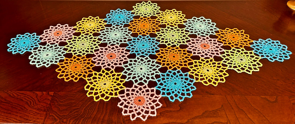 SPRING COLORS CROCHET BEADED DOILY 28"/17" Handmade