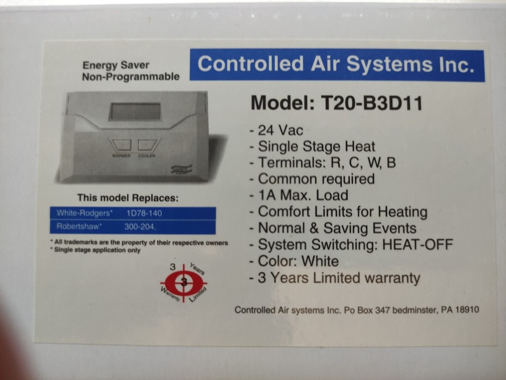 non programmable thermostat T20-B3D11, Single Stage Application Only