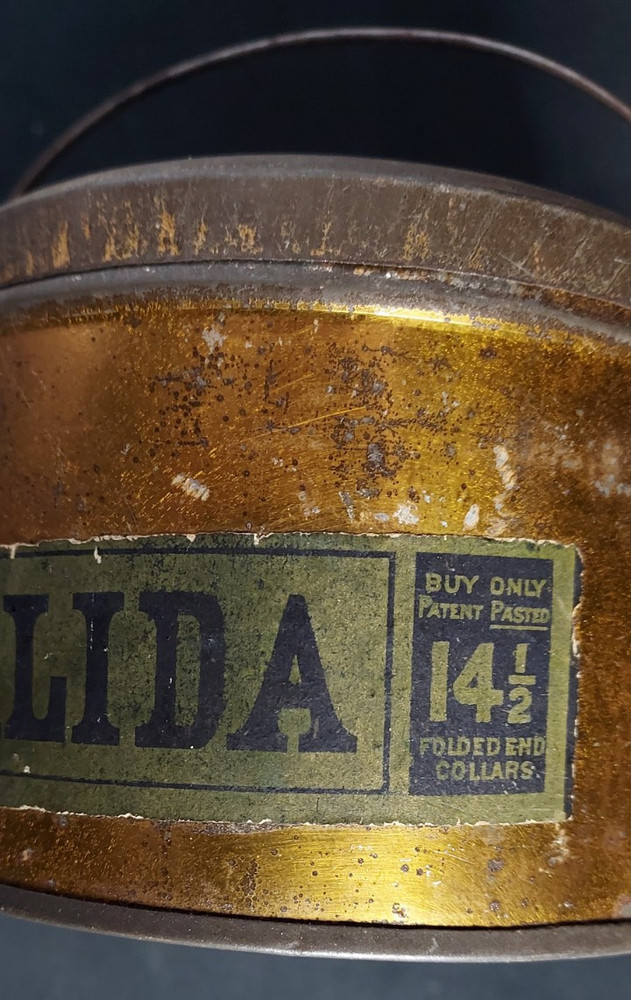 Old Advertising Tin ALIDA Patent Pasted Folded End Collars Bail Handle Label
