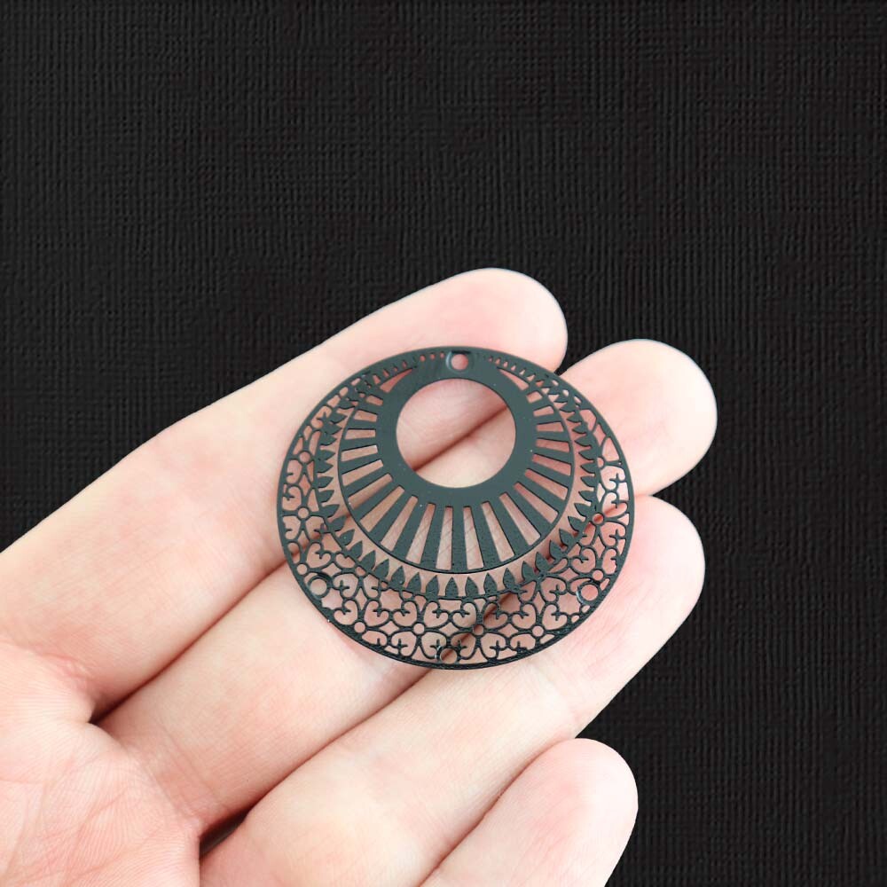 4 Filigree Oval Black Enamel Charms - E1427