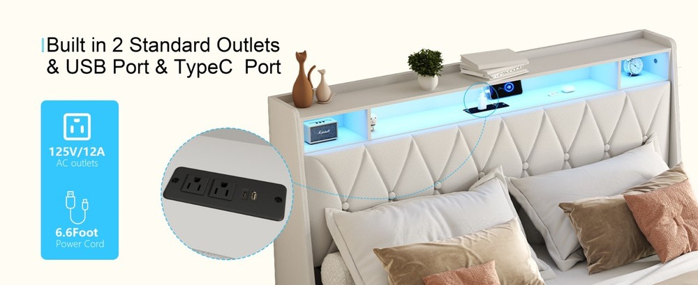 Full Bed Frame - Ergonomic Headboard, Outlets, LED, Storage (Noise-Free)