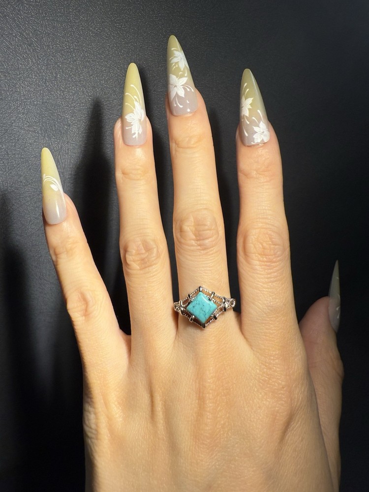 Natural Hubei Turquoise Square Ring / Silver- plated/adjustable