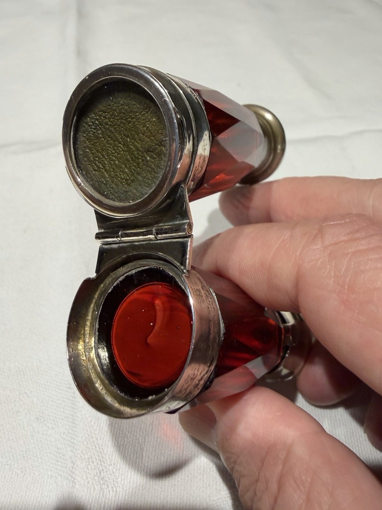 Victorian Ruby Red Glass Folding Double Scent Bottle Silver Mount