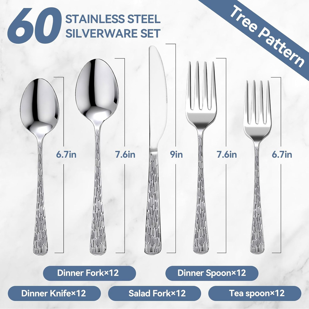 60-Piece Hammered Silverware Set for 12 Stainless Steel Flatware Tree Pattern ..