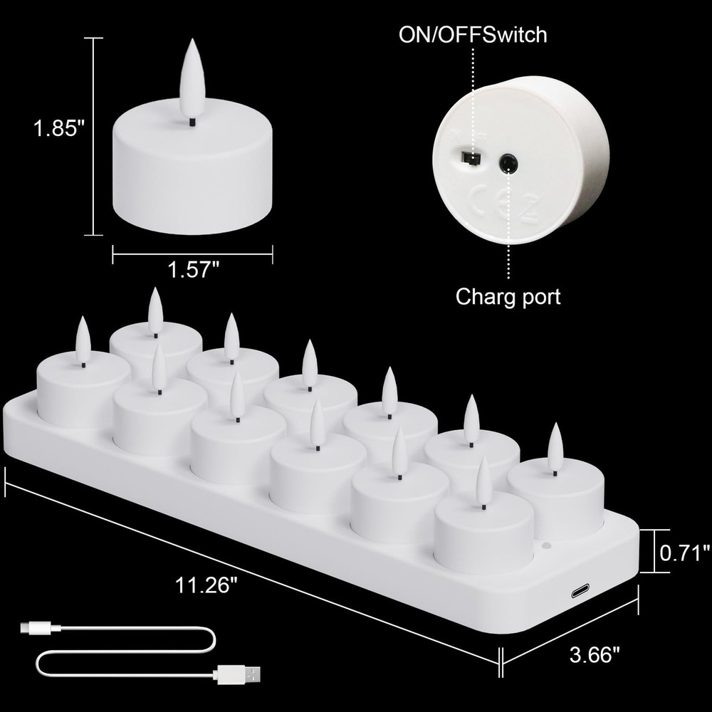 12 Rechargeable Tea Lights Candles with Charging Base and Remote Timer, Flame...