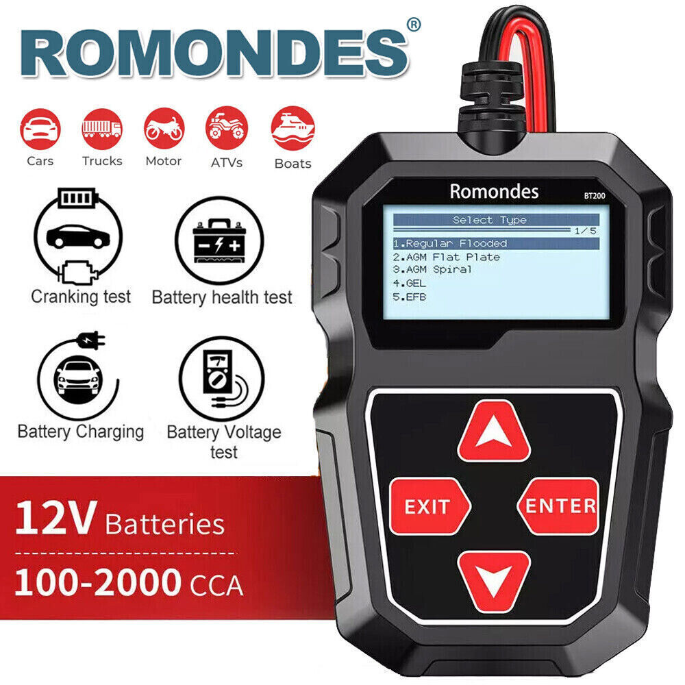 Romondes BT200 12V Car Battery Load Tester Voltmeter Cranking Charging Analyzer