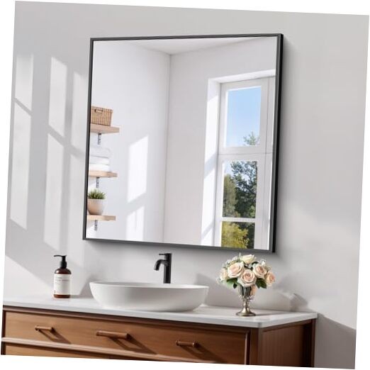 Black Framed Bathroom Mirror - Shatterproof Tempered 30"x20" Square-edged