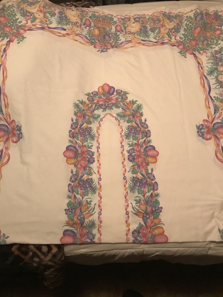 Rectangle Cotton Easter Table Cloth Made in Brazil Bunny Duck Egg Basket 100X56