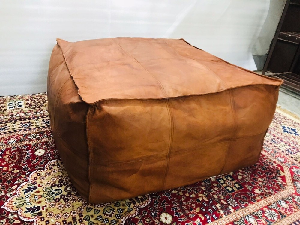 Authentic Moroccan Leather Pouf Handcrafted Boho Ottoman Genuine Leather Unstuff