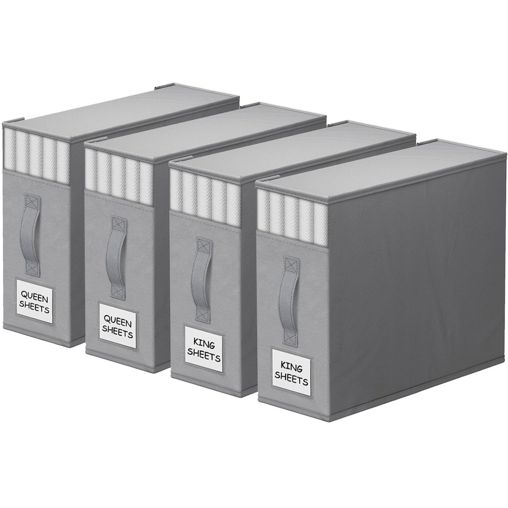 Storage Containers for Bedding, 4 Pack Sheet Organizers with Label, Grey
