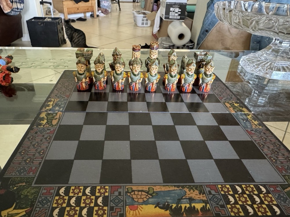 Handmade Peruvian Chess Set with Decorative Board and Storage Box