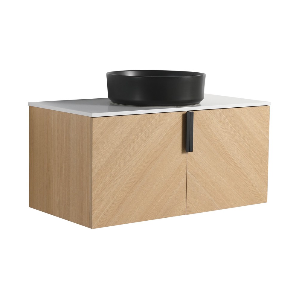 36" Wood Wall-Mounted Bathroom Vanity +Black Ceramic Sink Artificial Stone Slab