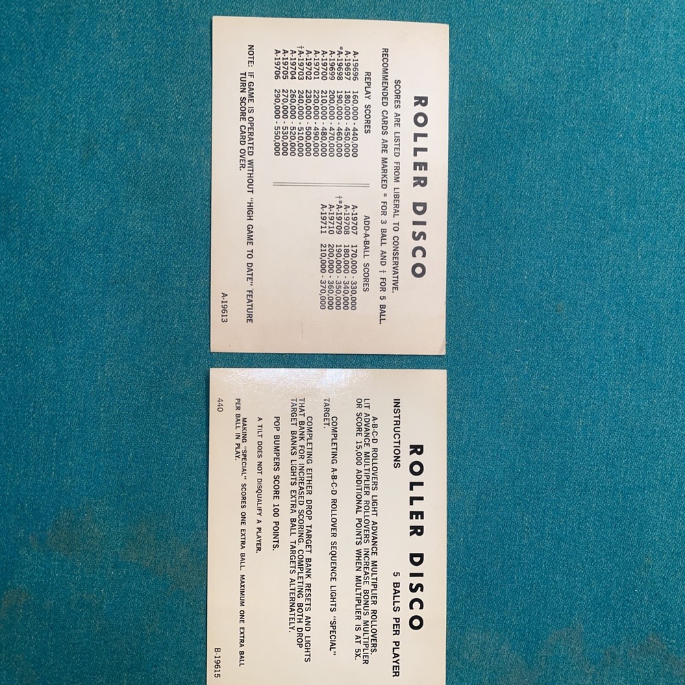 Gottlieb Roller Disco instruction cards