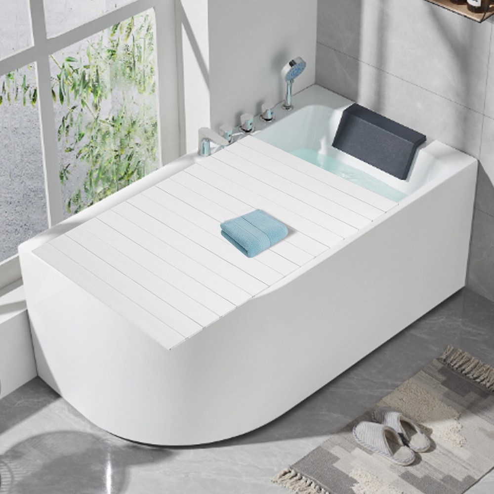 160*80cm Bath Cover Foldable White wood grain Rectangular Bath Lid for Bathroom