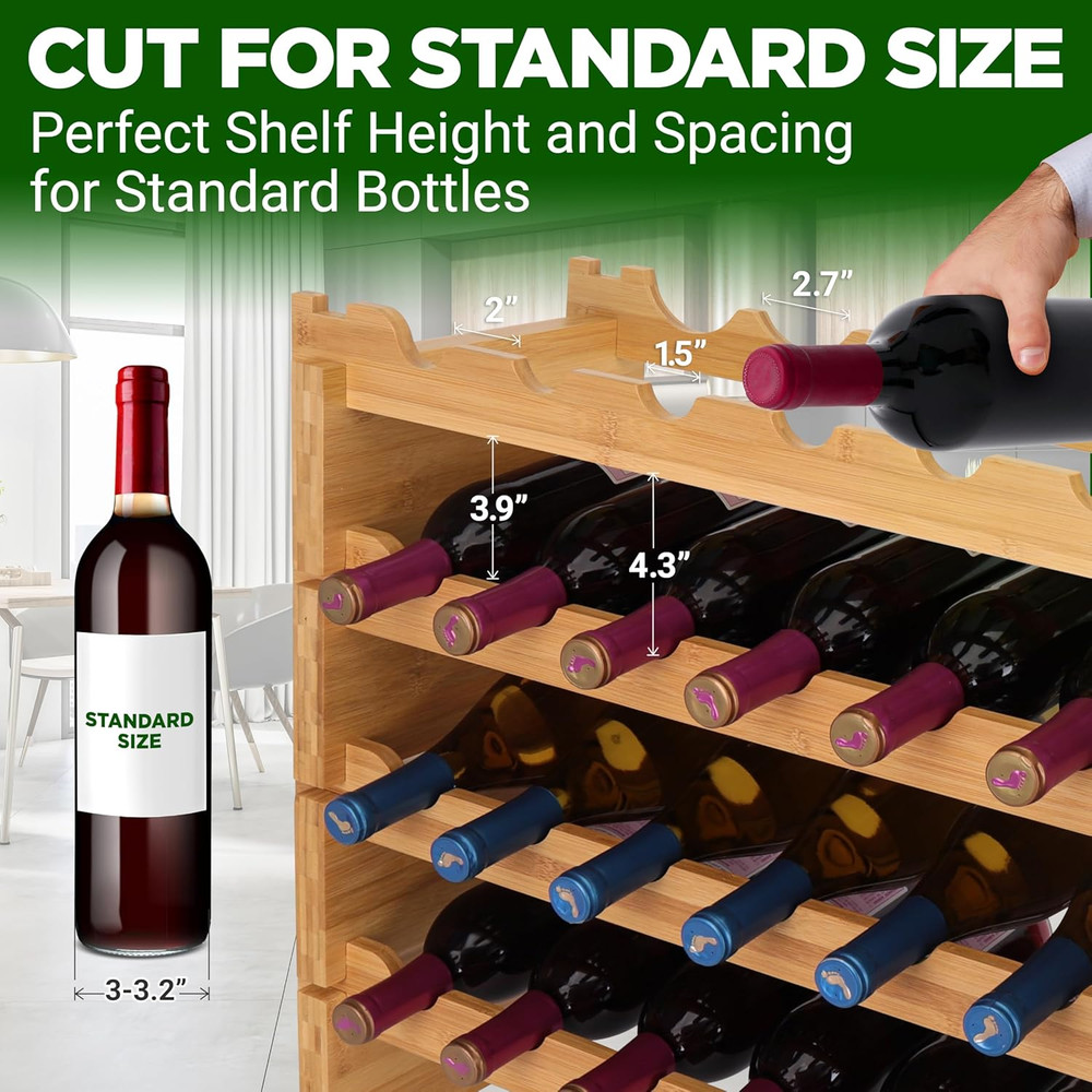 72 Bottle Wine Rack Stackable Bamboo Freestanding, 8-Tier Modular Shelf, Sturdy