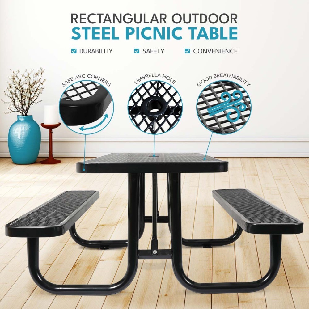 6FT Steel Rectangular Picnic Table w/ Center Umbrella Hole, Black