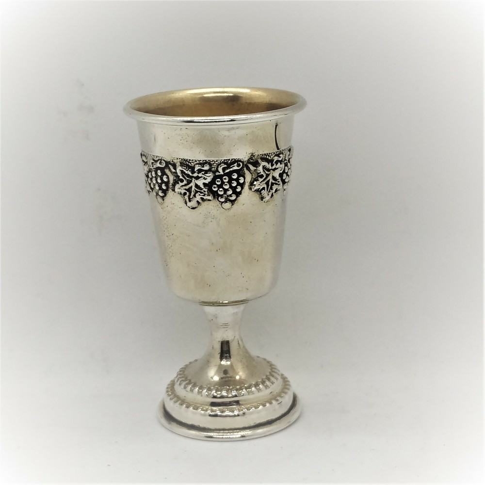 SABBATH KIDUSH CUP SMALL HANDMADE STERLING SILVER WITH GRAPES DESIGNS AROUND