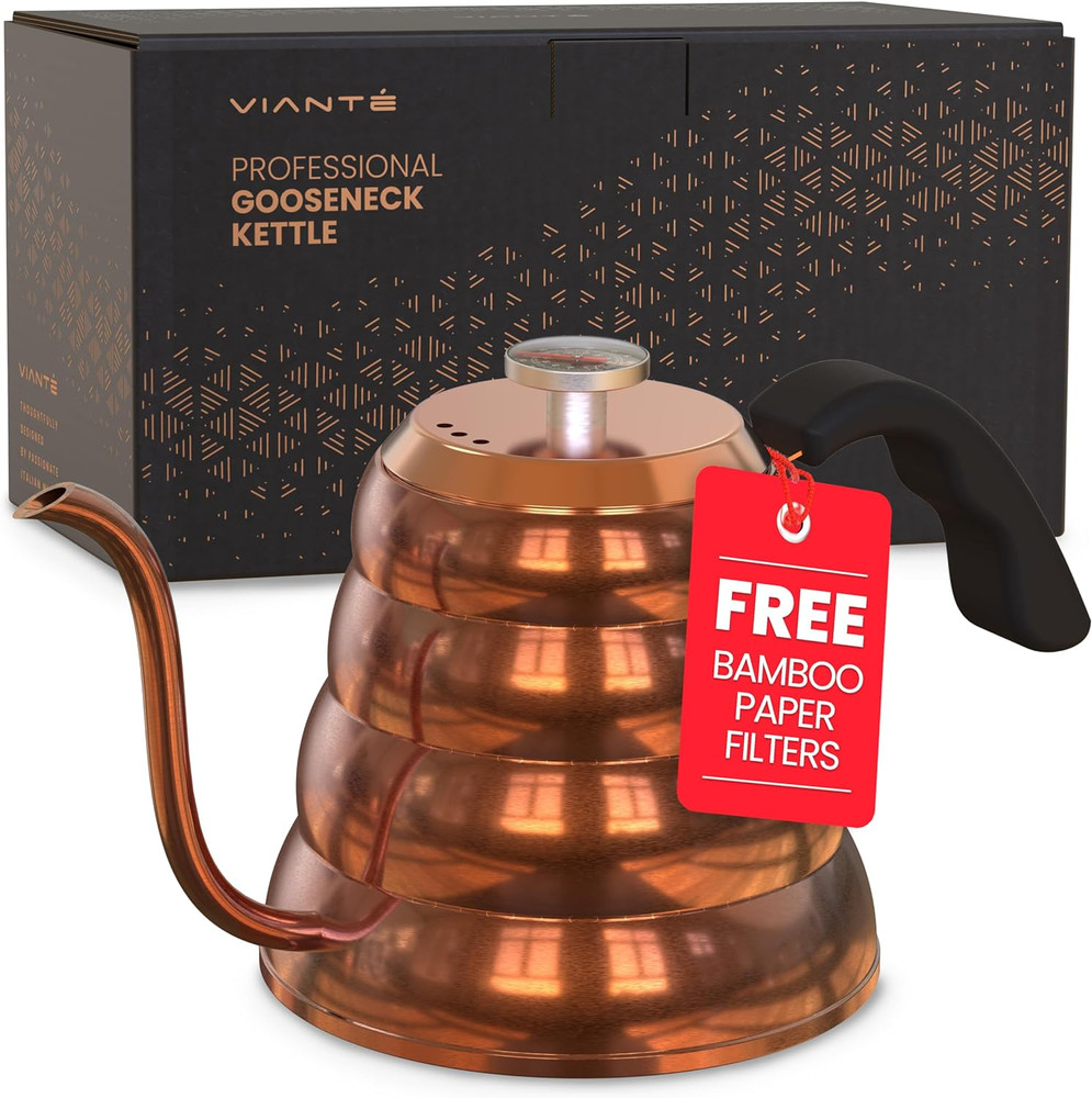 Premium Copper Gooseneck Coffee Kettle with Thermometer - 40 Fl Oz