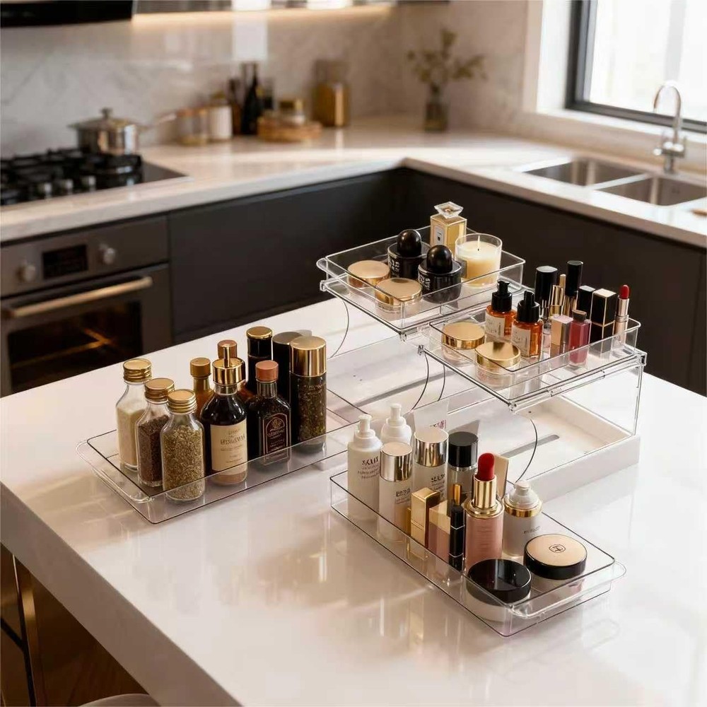 Jsyrjing Pull Out 2 Tier Under Sink Organizer Clear Cabinet 2 Pack,